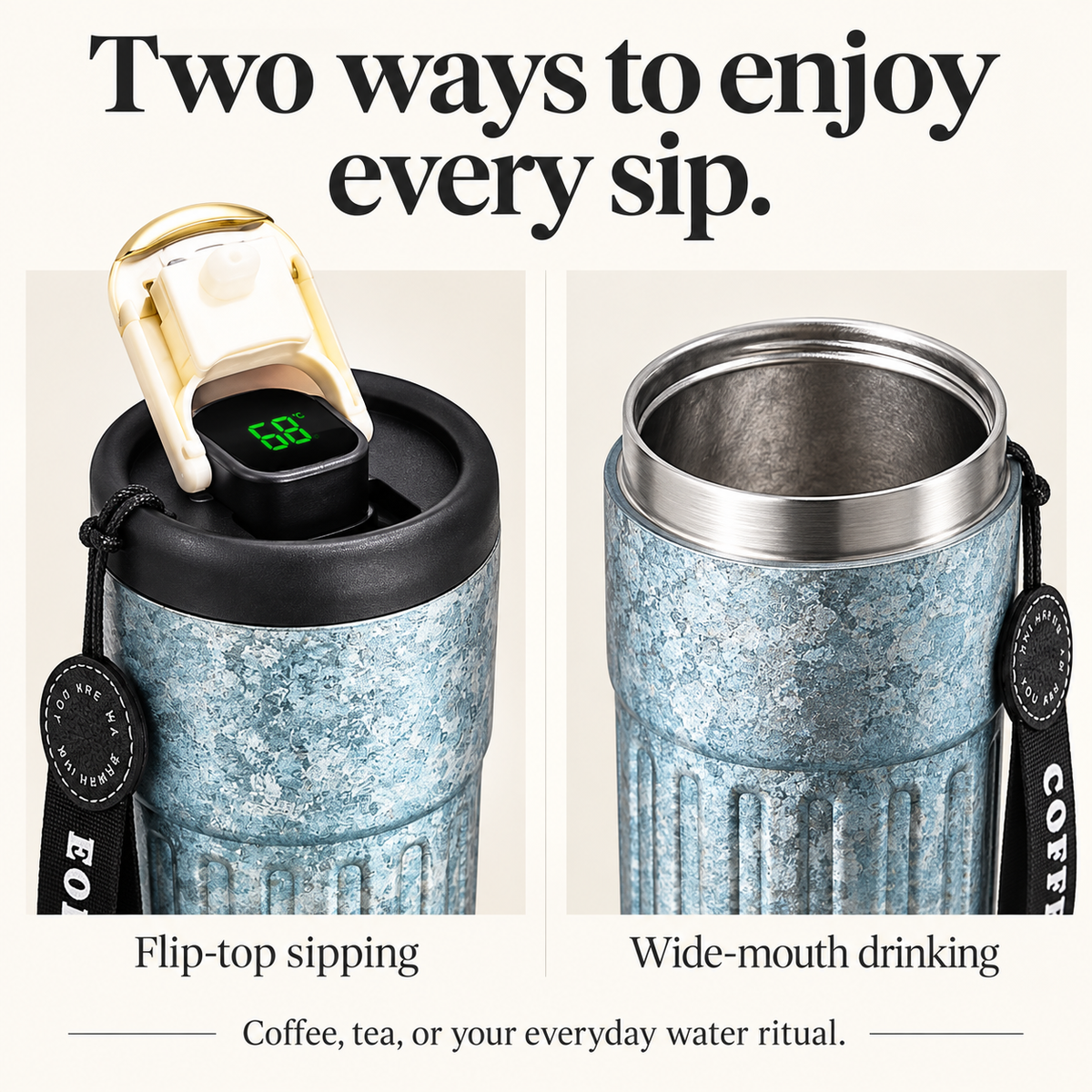 VLOERA 420ml crystal titanium tumbler — flip-top and wide-mouth drinking
