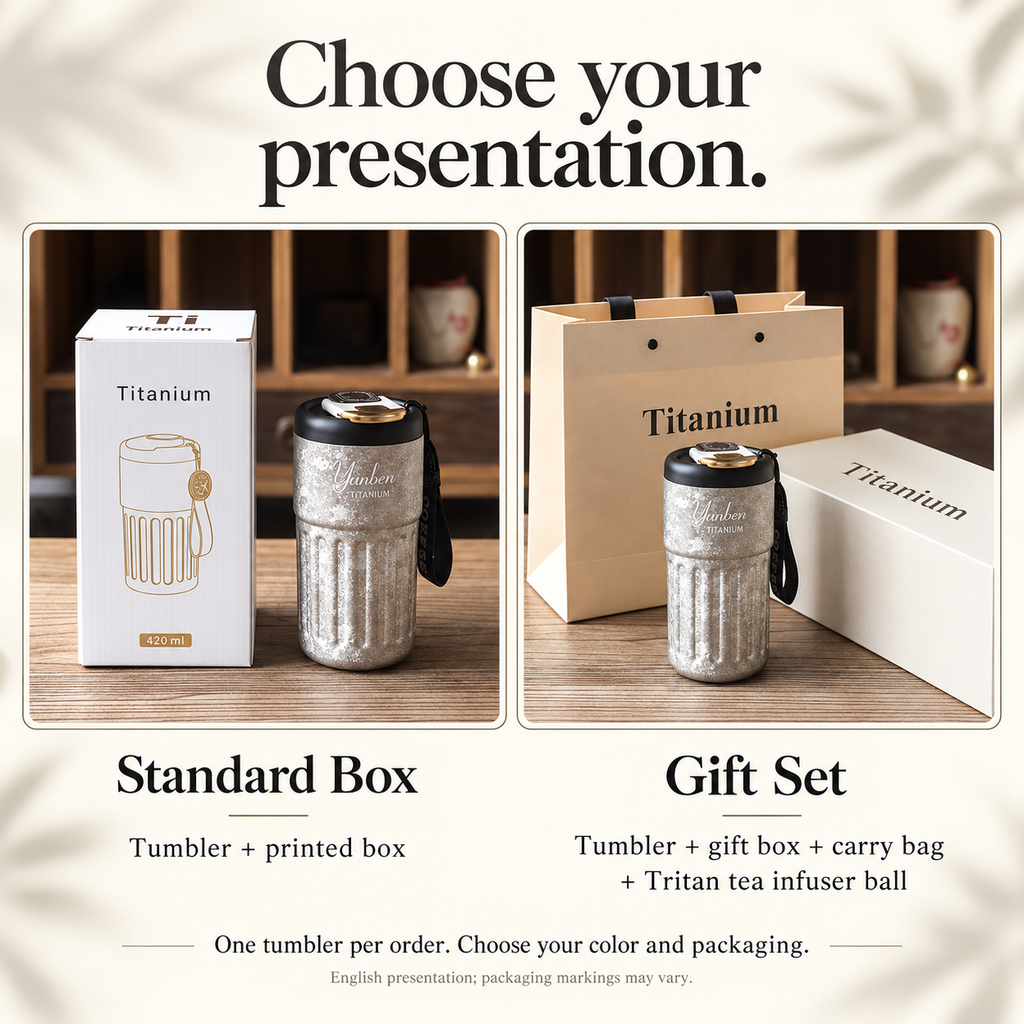 VLOERA 420ml crystal titanium tumbler — Standard Box and Gift Set comparison