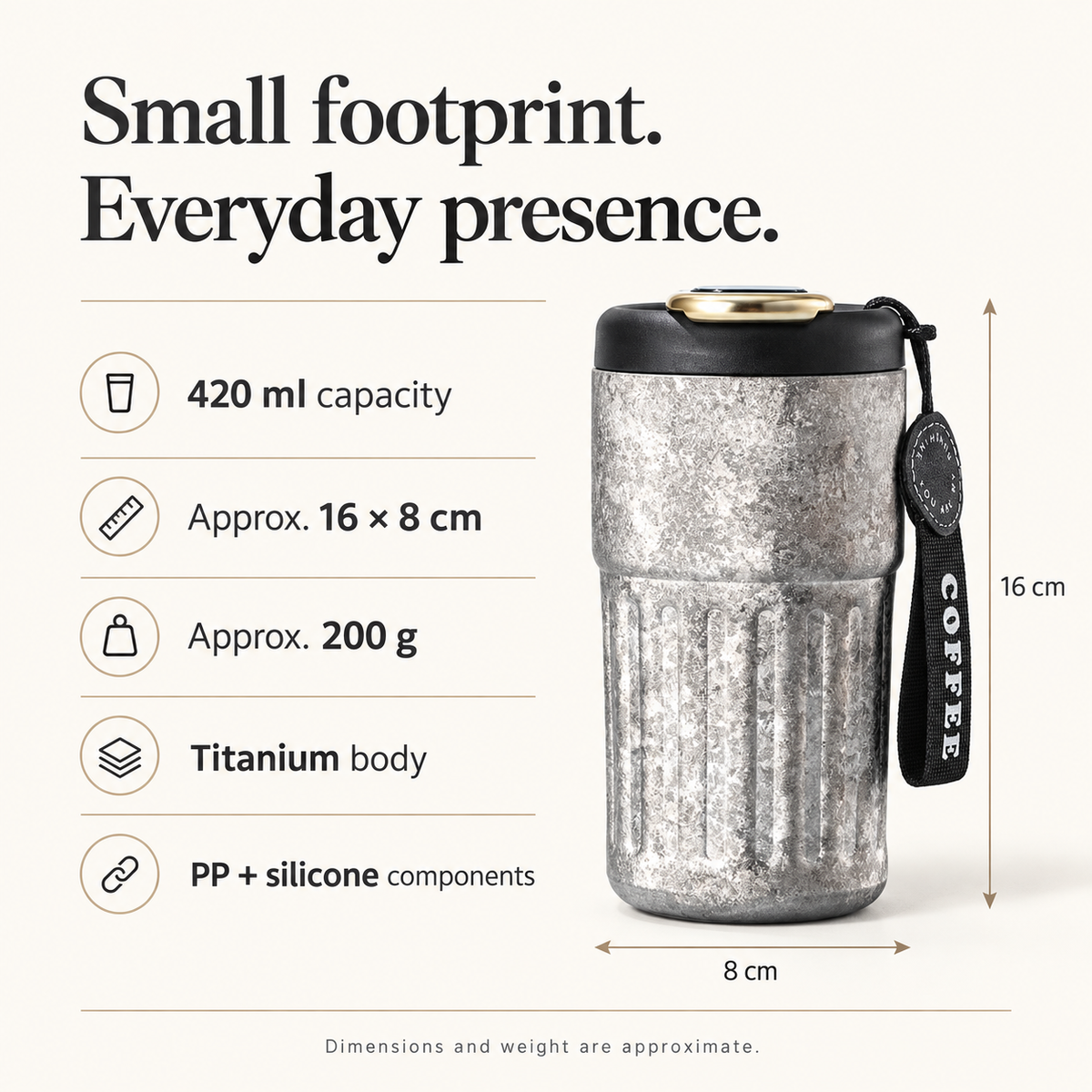 VLOERA 420ml crystal titanium tumbler — capacity, dimensions, weight and materials