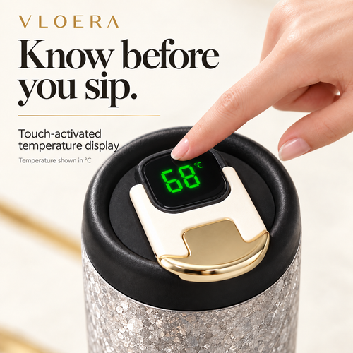 Touch-activated Celsius temperature display on the crystal titanium tumbler