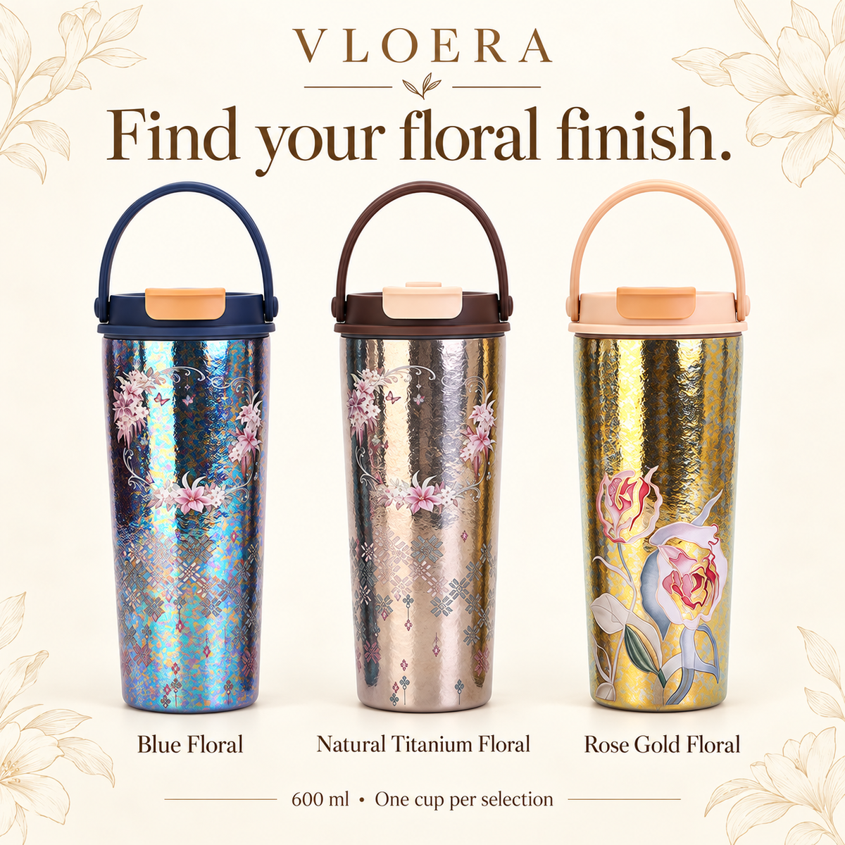 VLOERA 600ml Titanium Tumbler with Handle & Sip-or-Straw Lid - available finishes