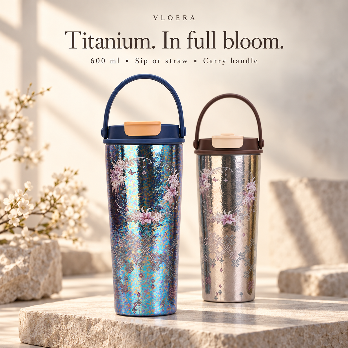 VLOERA 600ml Titanium Tumbler with Handle & Sip-or-Straw Lid - product overview