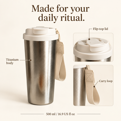 VLOERA 500ml Titanium Coffee Tumbler with Flip-Top Lid - features and size