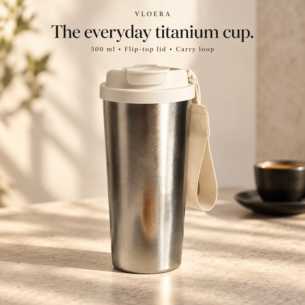 VLOERA 500ml Titanium Coffee Tumbler with Flip-Top Lid - product overview