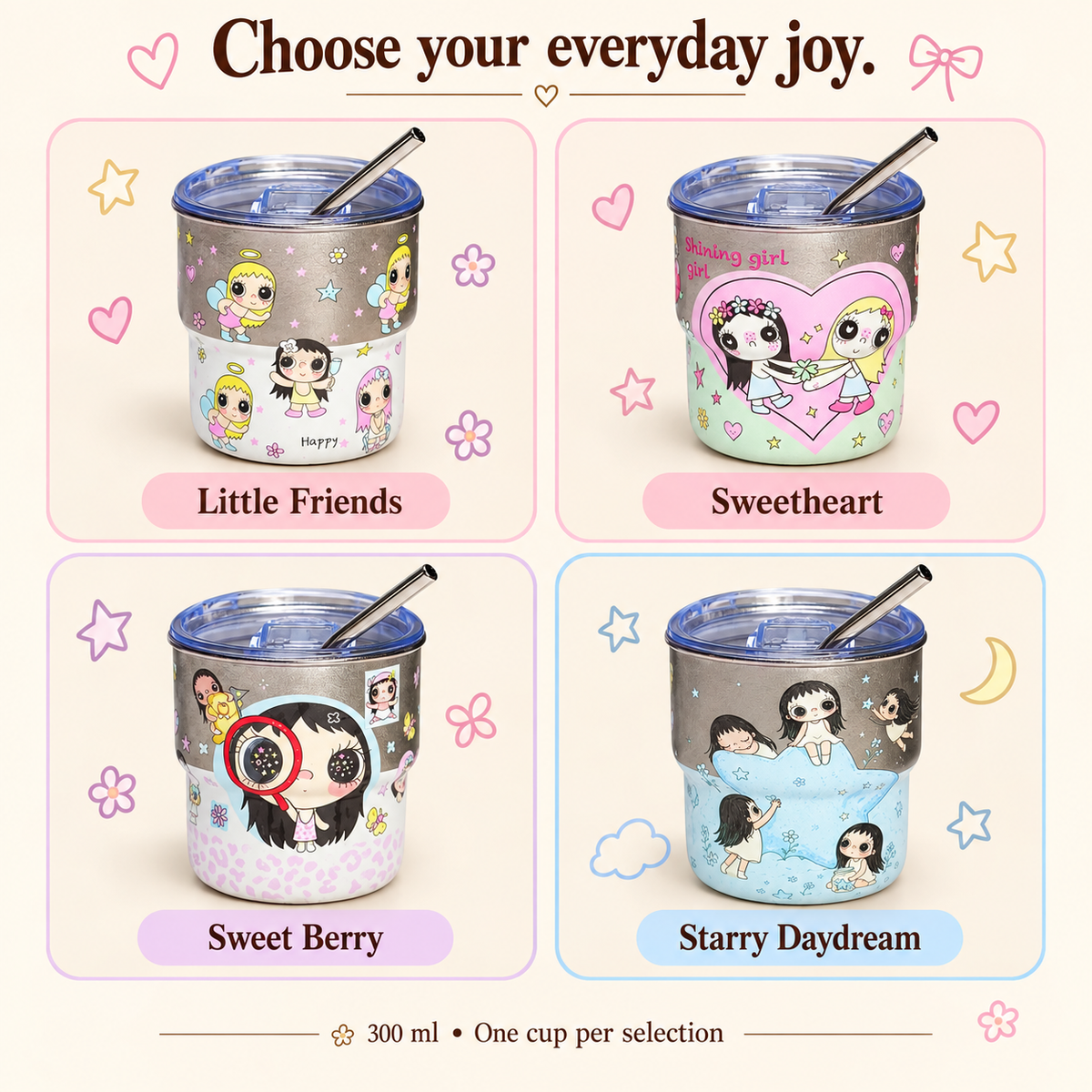VLOERA 300ml Mini Titanium Tumbler with Lid & Straw - illustrated design choices