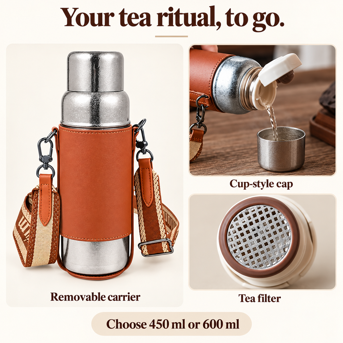 VLOERA Titanium Tea Bottle with Crossbody Carrier | 450ml & 600ml - features and size