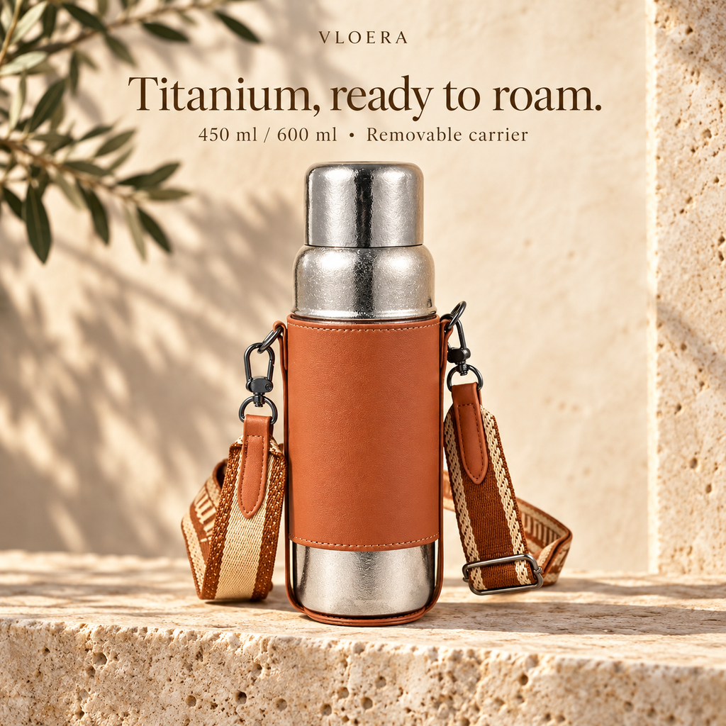 VLOERA Titanium Tea Bottle with Crossbody Carrier | 450ml & 600ml - product overview
